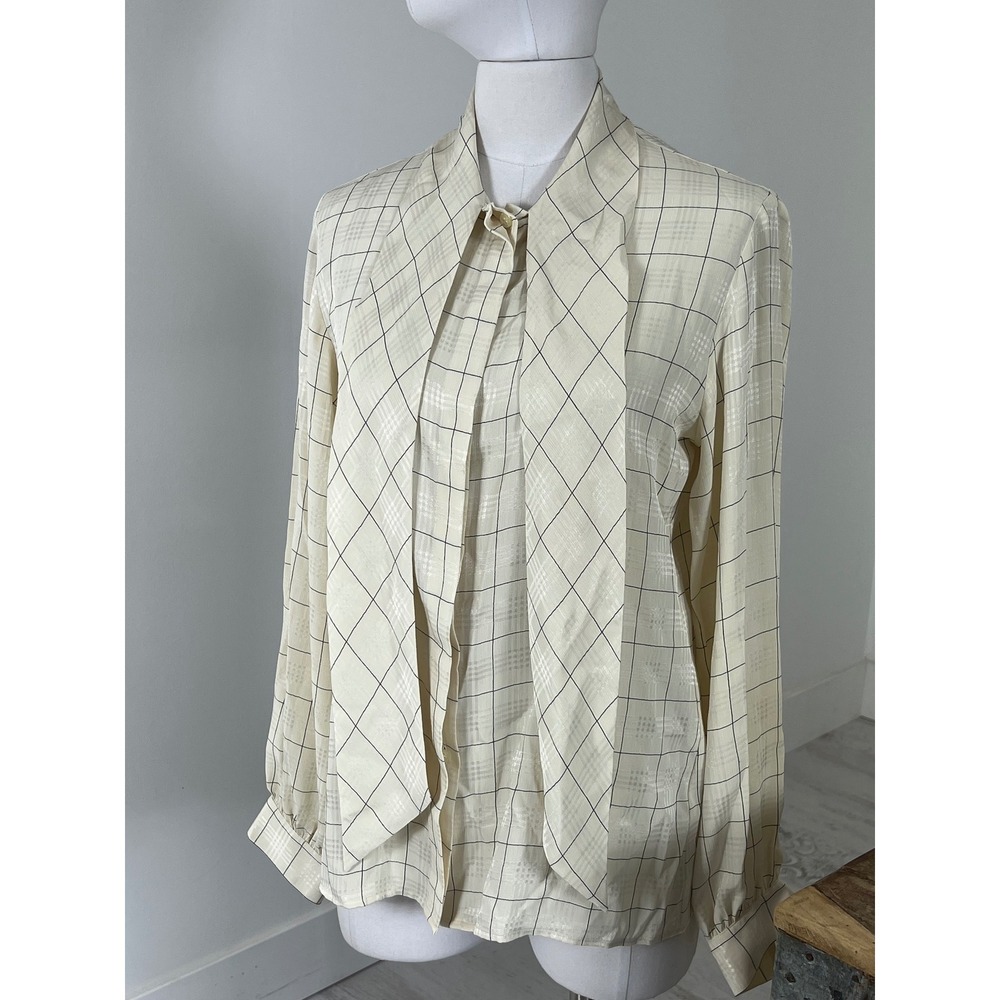 Vintage Dalton Cream Windowpane Secretary Blouse Jacquard Check Top 10